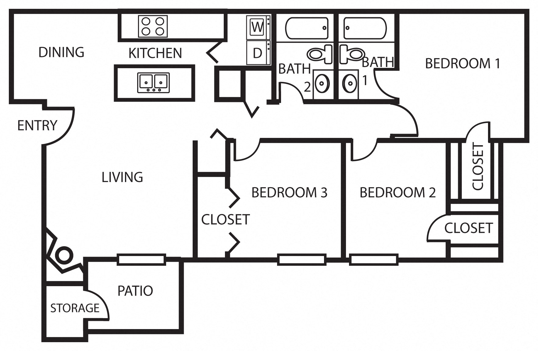 Floor plan for 3 beds, 2 baths, 1100 sqft